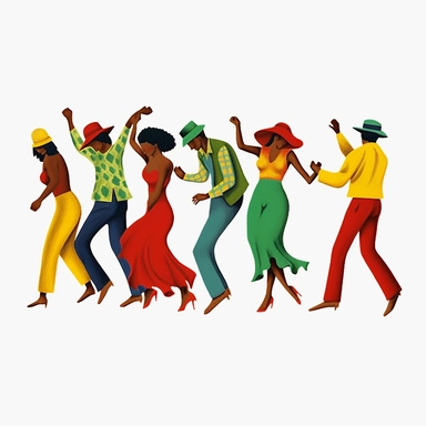 a group of black people jazz dancing, dressed in red, green and yellow, the sugar shack Ernie Barnes art, juneteeth clipart, watercolor art, faceless, minimalist clipart, white background