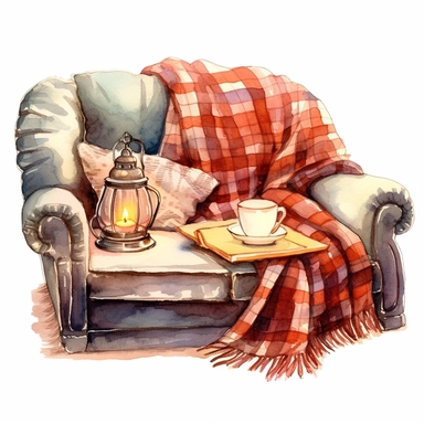 Reading Cozy, couch, cushion, teacup, scarf, wooden table, blanket, vintage lamp, candle, clipart on a white background, an illustration of by Annabel Kidston, shutterstock contest winner, generative art, detailed painting, digital illustration, intricate in details, photoillustration isolated on white background, digital watercolor