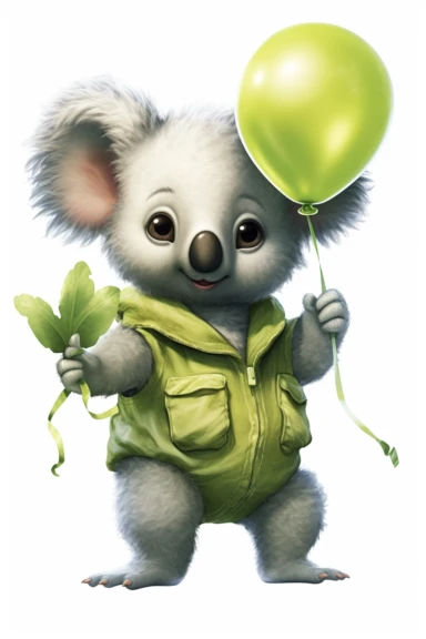 hp clipart,super cute baby koala dressed in light summer clothes holding lemon green balloons in his hand, on white background, vector , fully detailed, full body figure view