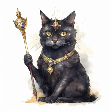 A clipart of a black cat wearing a golden crown and holding a scepter, just like a king or queen, watercolor style, realistic, bright colors, 300 dpi, 8k, white and clear background