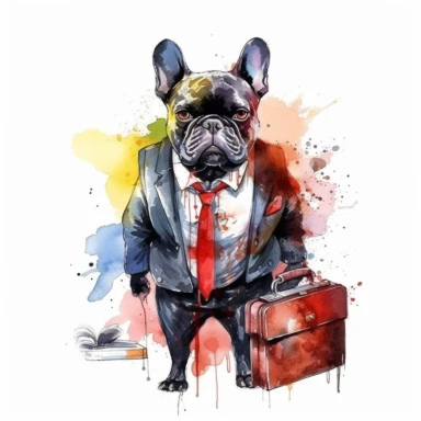 angry mafia boss french bulldog with human hands, holding a suitcase with money, watercolor clipart, minimalist, bright colors, isolated white background, 8k