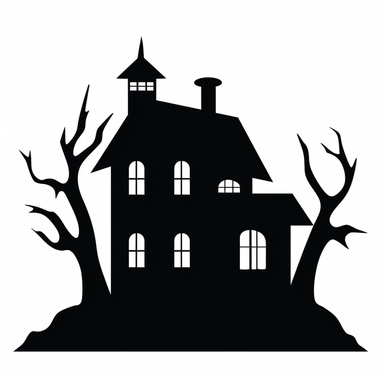 black and white silhouette of a haunted house icon, clipart style, white background, thick lines, vector, simple design, flat colour, solid colour, halloweencore, from a distant perspective
