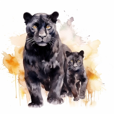 watercolour clipart, black panther and baby panther, full body,domineering, rich earth tones, sublimations