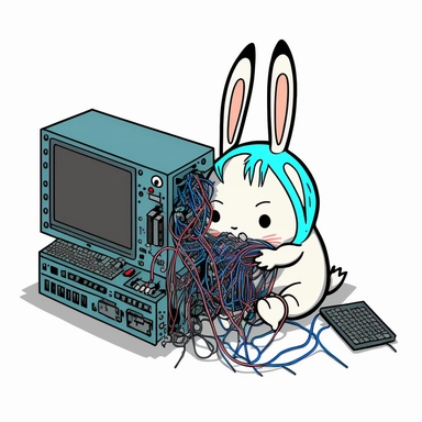 cute clipart of anime animals building a computer. One of them is a bunny who is exhausted after crawling out of the computer with loose wires behind her. simple colors. bold outlines. flat lighting.