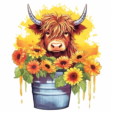 Highland Cow With Sunflowers in a flower pot with colorful flowers and a rainbow clipart