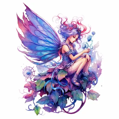 In a hidden corner of a clockwork forest, a whimsical pixie in vibrant blue, pink, and purple hues delicately balances on a branch, her wings gleaming with metallic accents. White background, intricate details, retro-futurism, watercolor clipart, hyper-realistic.