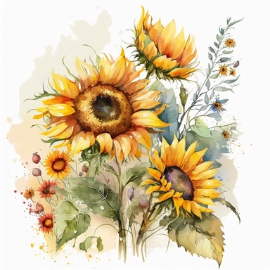 watercolor clipart illustration of sunflowers with other flowers. Use warm, vibrant colors and make the overall style of the illustration cheerful and uplifting