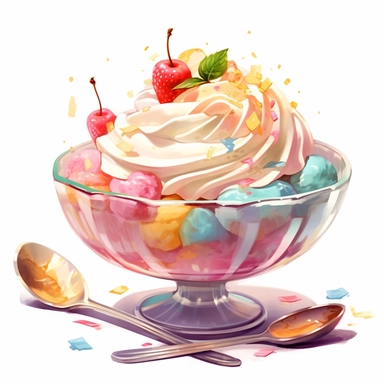 a drawing of a dessert featuring candy and whipped cream, sprinkles, candy, icecream sundae, lemon, glass bowl, in the style of pastel toned, shiny/glossy, colorful fantasy realism, caffenol developing, warmcore, #screenshotsaturday, rubens, white background, isolated, free brushstrokes, watercolor illustration, clipart,