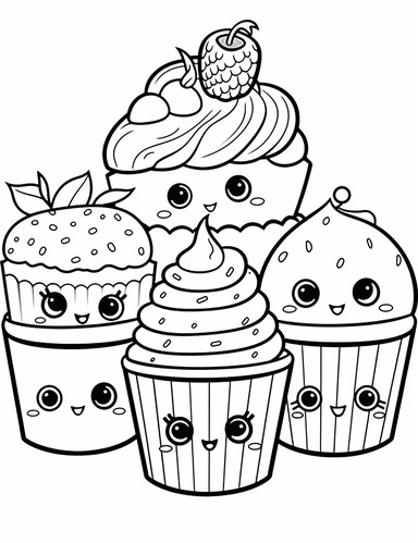 Kawaii muffins with delightful designs and flavors, like blueberry, chocolate chip, and banana For Simple Coloring page,line art, thick lines, black and white,clipart, illustration, on white background,margin Page 10px