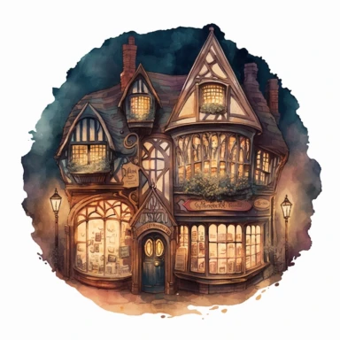 A cozy watercolor clipart image of an old fairy bookstore with intricate details in moderately angled, night-time lighting, enchanting lighting, various styles of buildings and european cultures,neutral and muted tones, delicate subtle colors