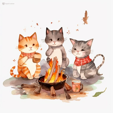 Watercolor group of friends three four people camping bbq cat smile png Full body realistic cartoon 32k UHD cute. 15 cm thick outline. Black color. There was no shadow on the ground. with realistic watercolors and detailed illustrations. Cartoon, PNG clipart, transparent white background