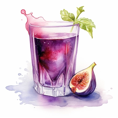 A unique and decorative watercolor illustration of a fig juice clipart, set against a pristine white background. The fig juice is depicted in a vibrant and inviting manner, with rich purple tones highlighting its luscious texture. The illustration showcases the fig juice pouring into a delicate glass, capturing the fluidity and movement of the liquid. Intricate details are added to the figs, featuring their distinct shape, texture, and tiny seeds. The white background accentuates the elegance an