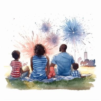 black family watching Fourth of July fireworks, sitting on blanket on grass, clipart, watercolor style, defined edges, white background