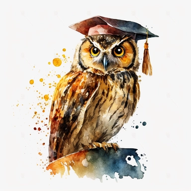 cartoon owl in grad cap watercolor clipart white background, no caption