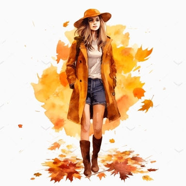 watercolor style, beautiful girl in the autumn, full silhouette visible from front, very realistic, clipart, isolated on white background, 4K