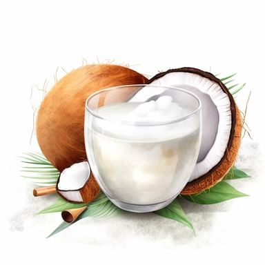 create a beautiful high quality high detail highly saturated watercolor clipart disney style illustration of a GLASS OF COCONUT MILK, NO TEXT, NO FONT, NO WATERMARKS, WHITE BACKGROUND