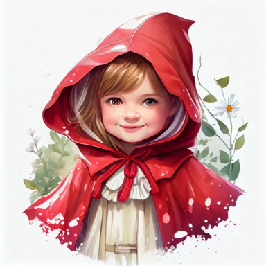 cute Little Red Riding Hood, photorealistic, smiling, charming, storybook style, clipart, watercolor, white background,