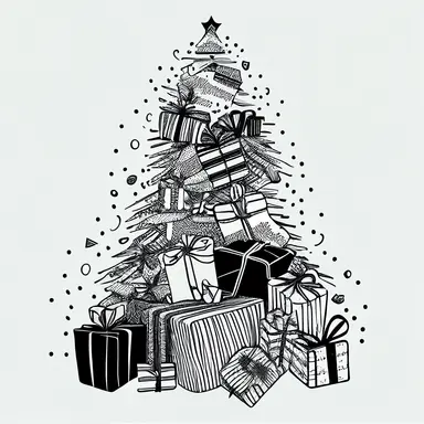 Christmas Presents, tree, gifts, clipart style, line art, bold lines, smooth lines, clean, white, mono, fun, simple, “interesting complimenting background” uhd, 32k