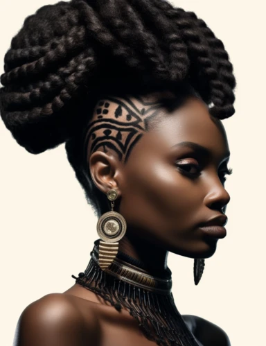 hasselblad 24 mm three quarters shot of a gorgeous african american woman, clipart, Composition: Relaxed position with intricate high hairstyle, smiling, detailed natural skin, Style: Nu-Goth, white background, hyperrealism, 32k