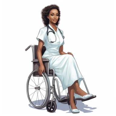 brown skinned woman, nurse, wearing closed white shoes, no stethoscope, wheelchair, clip art