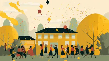 Create a whimsical clipart-style image capturing the atmosphere of graduation season on a school campus. The image should feature a variety of elements that evoke the feeling of being a student, such as classrooms, a playground, a podium, students' backs, sunlight shining through the trees, a morning sky, a basketball court, desks and chairs, and blackboards. The image should be colorful and cheerful, with simple shapes and bold outlines. It should convey a sense of joy and nostalgia, celebratin