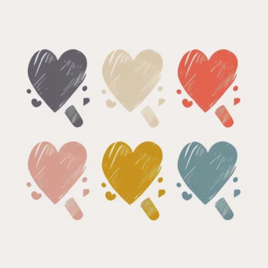 Six cute heart-shaped icons vector clipart in the style of lively brushstrokes, star art group (Xing Xing), label and marker style, minimalism, muted colors, white bakcground