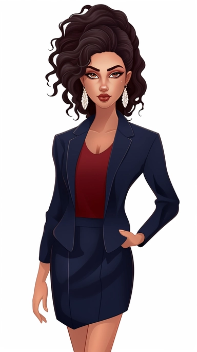 full-body perspective 2d lined clipart of a pretty woman wearing a navy skirt suit and matching shoes, business-like attire, white background,