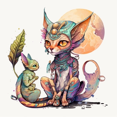 Illustration in boho style, clipart, sublimation drawing Alien mouse with a pet cat. Bright colorful colors. White empty background, high quality 8k, quality detail