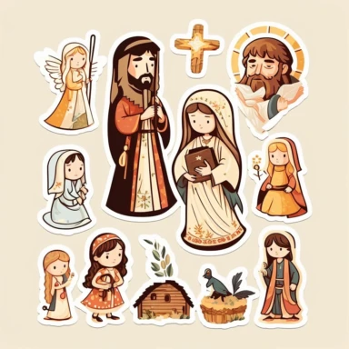 vector sticker design, anime style Christmas nativity clipart, white background, flat colors