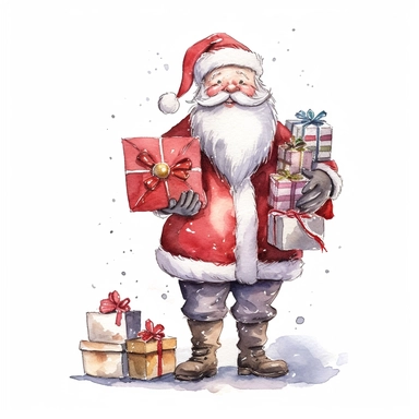 cute watercolor cartoon santa delivering gifts clipart