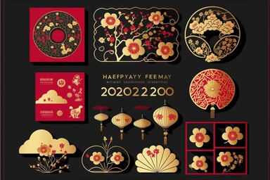 chinese new year design element set rat mouse fireworks cloud lantern flower blossom plum red gold gold coin zodiac signs symbol animal happy 2023 holiday lunar japanese korean vietnamese style traditional geometric text isolated clip art collection bundle silhouette hand-drawn art vector illustration graphic print concept flat line realistic high quality detailed