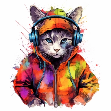 colorful cat art, full body, wearing cap and headphones, clipart, white background