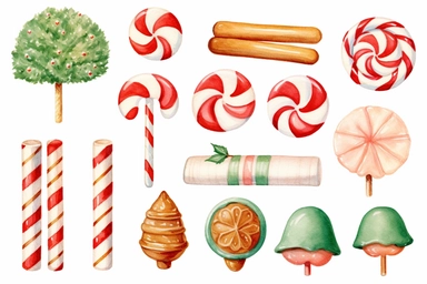 watercolour of a variety of Christmas Candies and cookies. Red and Green Gumdrops, Candy Canes, Peppermints, ginger breads, ribbon candy, clipart variations, simple, vector, 8k