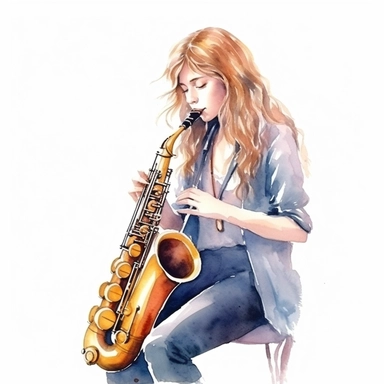 clipart, detailed watercolor illustration, 18 years old, the girl plays the saxophone, the girl is wearing a light dress, photorealistic