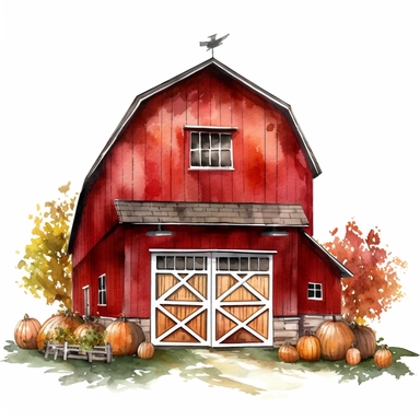 vector watercolor front view red barn in autumn clipart on white background, full front view red barn in autumn colors, reds and yellows, photorealistic, ultrarealistic,no background, on white