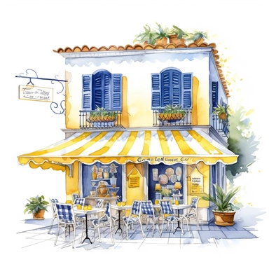 watercolor, hyper realistic, white background, white margins, 16k, ultra detailed clipart, cut out image, hand-drawn illustration style for picture books A charming cafe with yellow awnings and tables set with blue and white checkered tablecloths, mediteranean town, children's book illustrations, soft watercolours, pictorial fabrics, light color