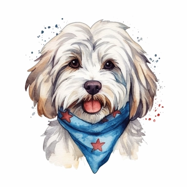 watercolor clipart illustration of a white havanese wearing a bandana, red white and blue, hand painted details, clean and simple designs, solid background color, spaced out