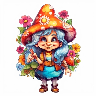 A delightful, hand-drawn clipart image of a friendly female gnome with no beard, dressed in a charming, brightly colored dress, sporting a tall, colorful pointy hat, and standing with a welcoming smile, mushrooms and flowers, presented on a transparent ba