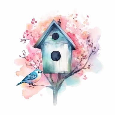 Vector clipart, isolated on white background, beautiful lovely Watercolor Spring wooden bird house hanging on the blue bloming tree, ornated, pastel and saturated colors