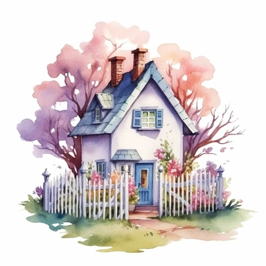 clipart, isolated on white background, beautiful cute Watercolor Spring Cottage - cute little house with fence and chimney, tree and flowers, ornated, pastel colors
