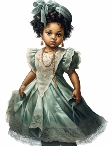 gorgeous african american baby girl in vintage victorian dress, Eyes: Green, clipart, Composition: Relaxed position with intricate high hairstyle, Style: gothic, white background, hyperrealism, 32k