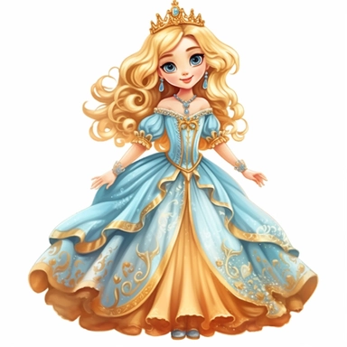 Cute Beautiful princess dreamlike Clipart, Cartoon, hyper realistic, intricate detail, illustration style, high resolution, on the white background