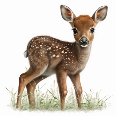 cute baby bambi, with brown detailed eyes and cute nose, walking in the grass, white background, realistic clipart