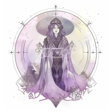 The high priestess Taro card , in the style of mystic mechanisms ,pencil art illustrations, Isolated white background, reimagined by industrial light and magic, lith printing, illusory images, watercolor clipart, very subtle purple tones, , ,