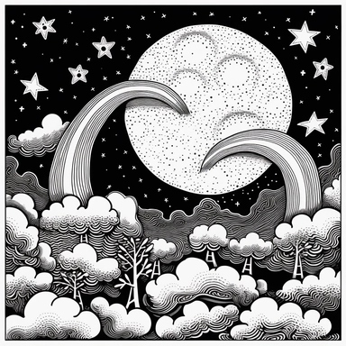 black and white vector line art clipart of a crescent moon and clouds , black and white, in the style of Aubrey Beardsley, white background, NO PEOPLE