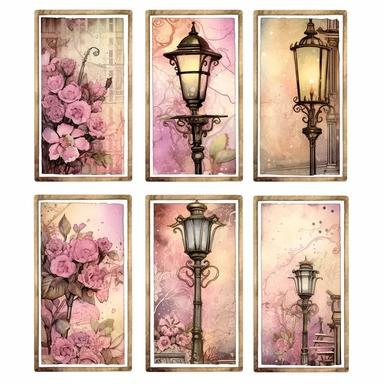 a page of watercolor flowers and street light card collections, set of 4 cliparts, in the style of steampunk-inspired designs, light magenta and beige, great contrast, altered and substituted canvases, art arrangement, photographic source, matte, insanely detailed and sharp, some splash with alcohol ink, nouveau réalisme