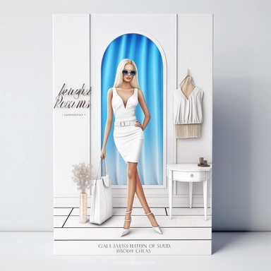 full view, clipart illustration, beautiful blonde lady posing dressed in white bodycon dress, standing in beautiful room with designer clothes on clothes rack and shopping bag, sharp focus, high detail, 8k, photo realistic, transparent background, (--iw 5)