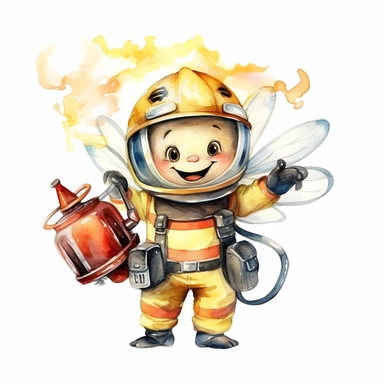 Design a diligent watercolor clipart image with a white background, showcasing a flying cute cartoon bee firefighter with a fire extinguisher