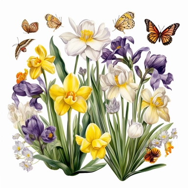watercolor, spring flower, clipart, leaves, floral, dafodil, tulip, crocus, primrose, clipart, highly detailed, white backround, singular designs, bouquet, bees, butterfly, forest scene