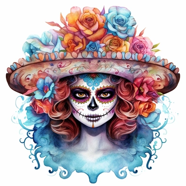 Day of the dead la catrina in the style of water color painting, vibrant colors, on a white background style by Lucy Fleming, watercolor, smooth gradients, black contour outline, ultra detailed, clipart elements, delicate pastel colors, solid white backgr